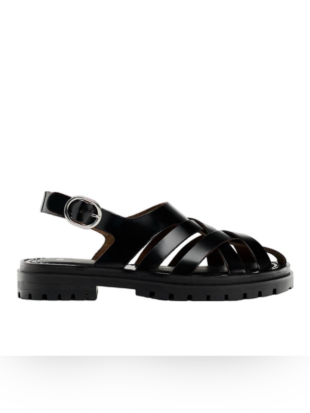 Zara Black Leather Slingback Fisherman Sandals